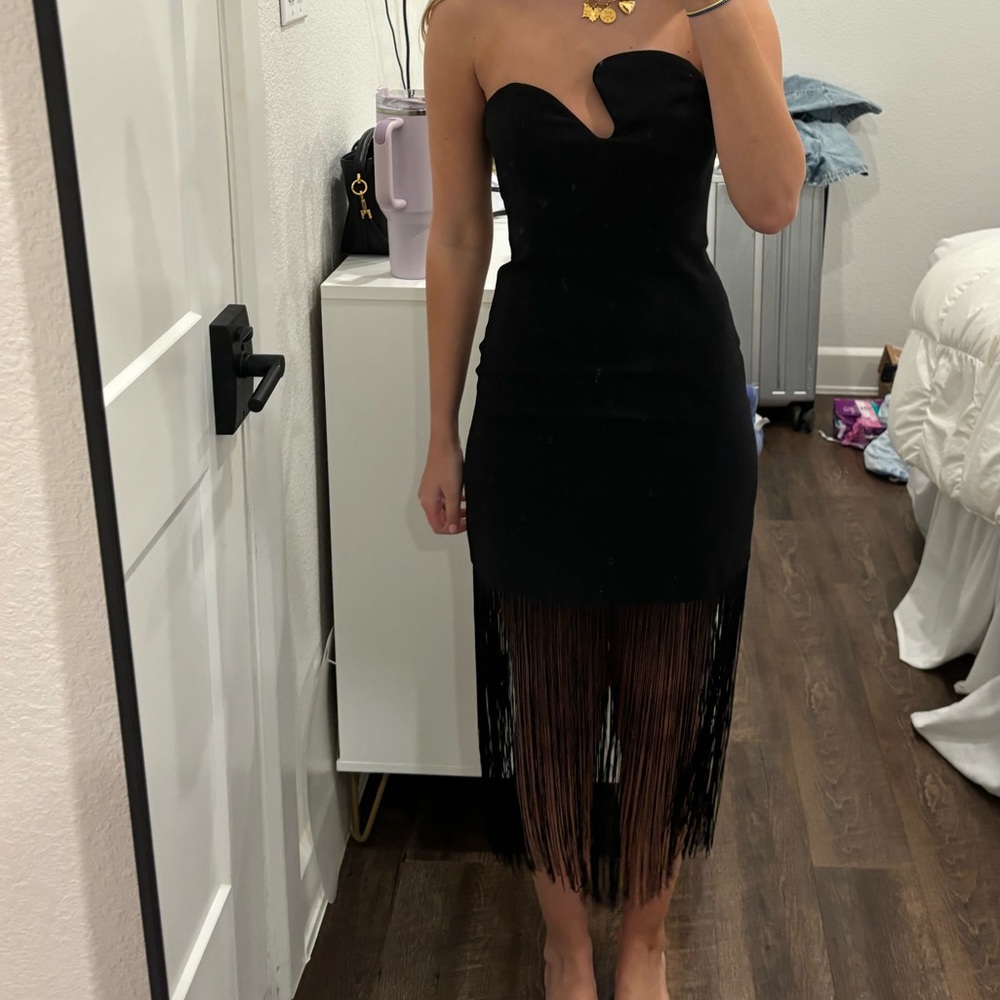 COPY - Puzzle Strapless With Fringe Dress in Black Amanda Uprichard